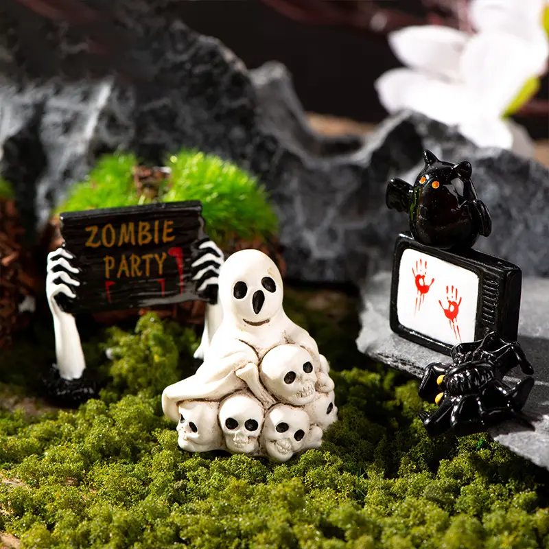 Halloween Resin Ghost Skull Tombstone Miniature Figurines Dollhouse Accessories Halloween Home Table Flower Pot Decor