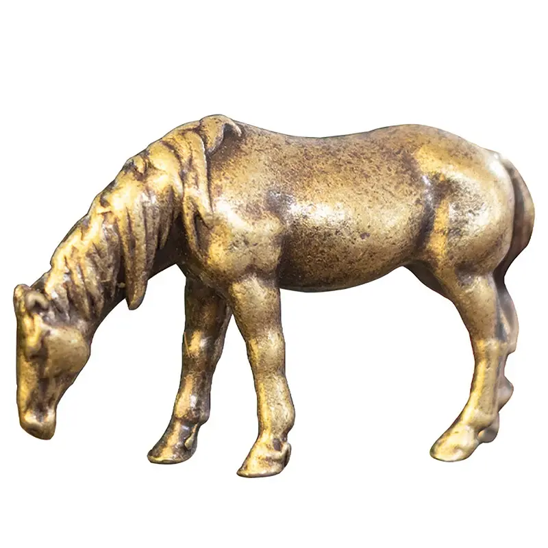 Antique Brass Solid Long Tail Horse Figurines Miniatures Feng Shui Ornaments Copper Zodiac Animal Mini Desktop Decoration Crafts