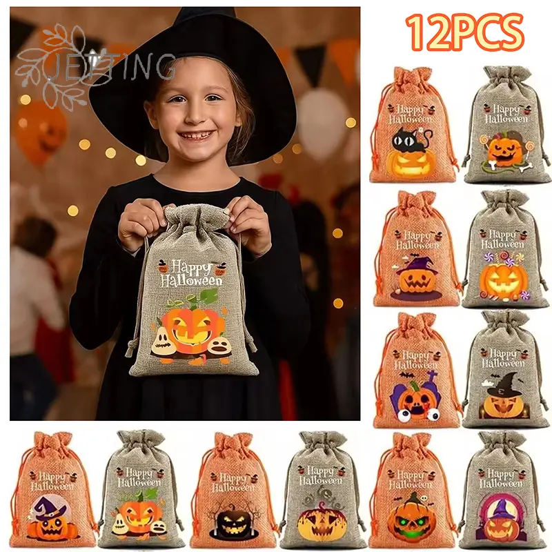 12 Pcs Halloween Burlap Bags With Drawstring Trick Or Treat Candy Pouches Gift Packaging Storage Bag For Kids Child Party Favor