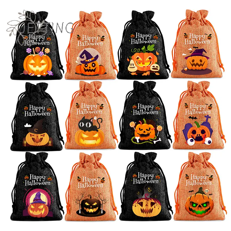 12 Pcs Halloween Burlap Bags With Drawstring Trick Or Treat Candy Pouches Gift Packaging Storage Bag For Kids Child Party Favor