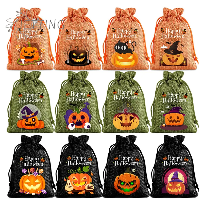 12 Pcs Halloween Burlap Bags With Drawstring Trick Or Treat Candy Pouches Gift Packaging Storage Bag For Kids Child Party Favor