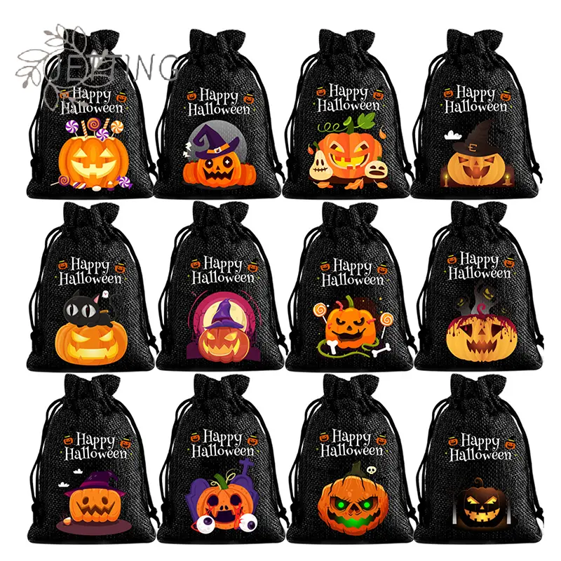 12 Pcs Halloween Burlap Bags With Drawstring Trick Or Treat Candy Pouches Gift Packaging Storage Bag For Kids Child Party Favor