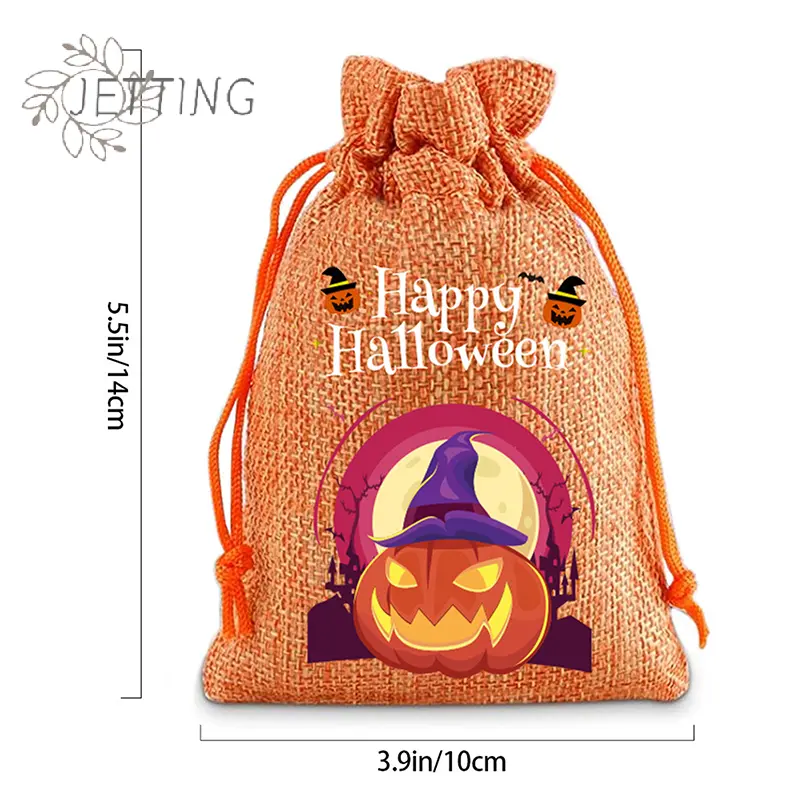 12 Pcs Halloween Burlap Bags With Drawstring Trick Or Treat Candy Pouches Gift Packaging Storage Bag For Kids Child Party Favor
