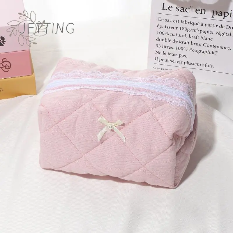 Pink Bow Lace Small Makeup Bag Travel Organizer Women's Cosmetic Bags Solid Color Zipper Toiletry Bag Portable Storage Bag