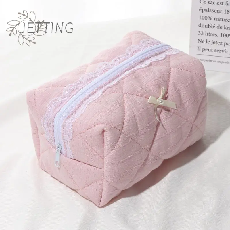 Pink Bow Lace Small Makeup Bag Travel Organizer Women's Cosmetic Bags Solid Color Zipper Toiletry Bag Portable Storage Bag