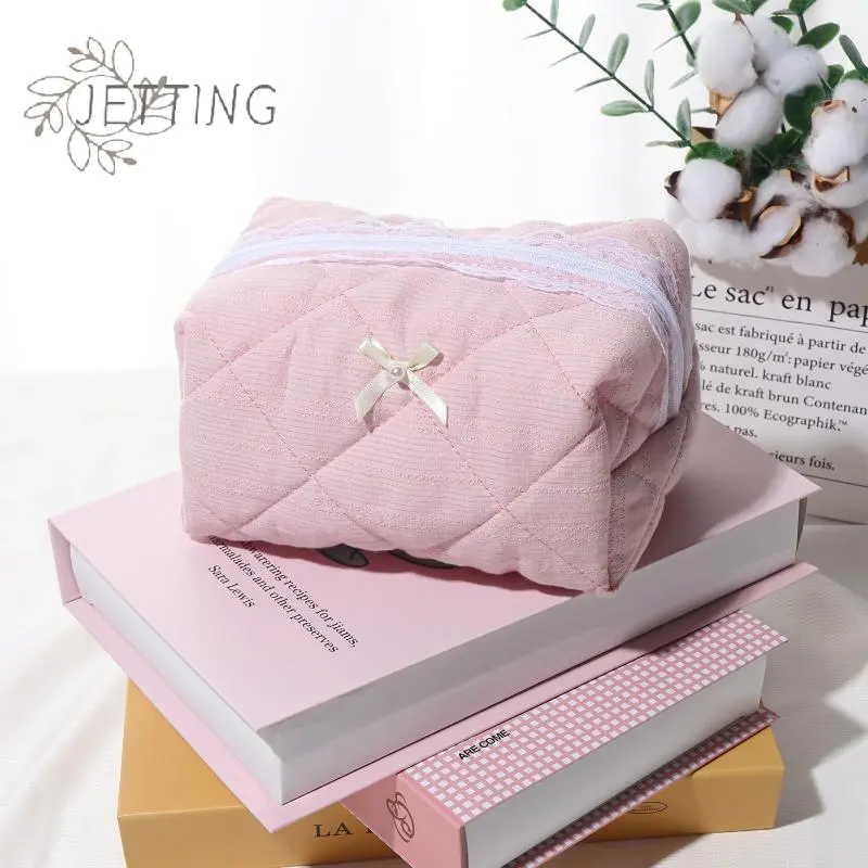Pink Bow Lace Small Makeup Bag Travel Organizer Women's Cosmetic Bags Solid Color Zipper Toiletry Bag Portable Storage Bag