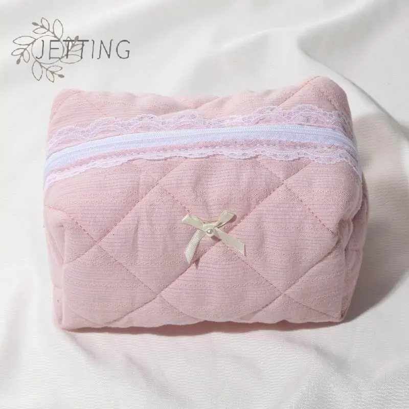 Pink Bow Lace Small Makeup Bag Travel Organizer Women's Cosmetic Bags Solid Color Zipper Toiletry Bag Portable Storage Bag