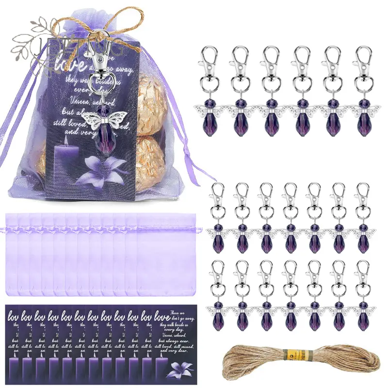 20 Set Funeral Favors, Celebration Of Life Favors Angel Keychains Organza Bags Sympathy Thank You Tags For Memorial Supplies