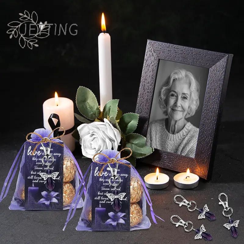 20 Set Funeral Favors, Celebration Of Life Favors Angel Keychains Organza Bags Sympathy Thank You Tags For Memorial Supplies