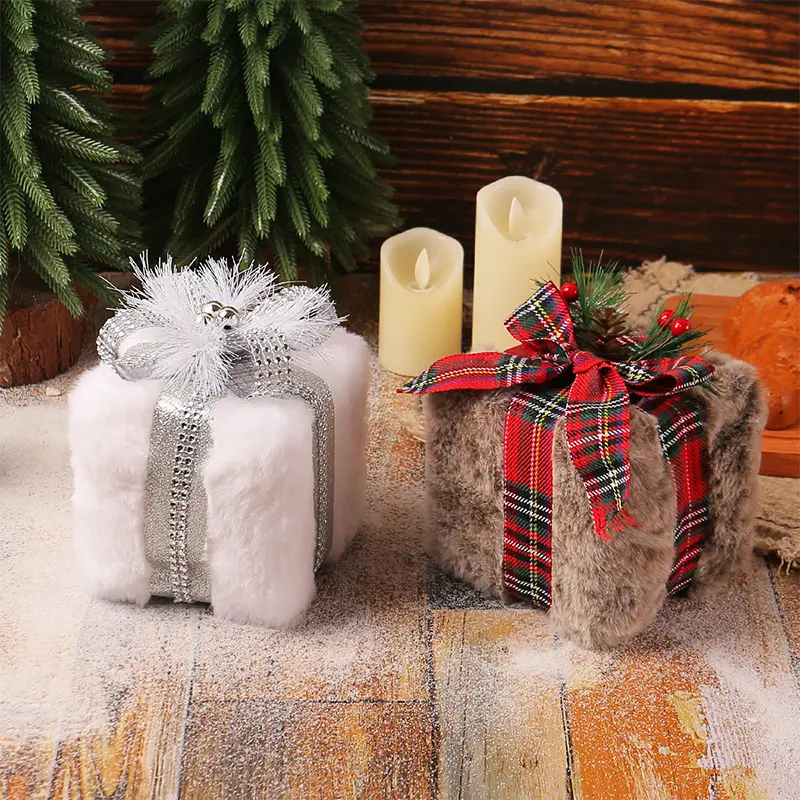 Cartoon Christmas Plush Gift Box Handicraft 3D Square Gift Box Pendant Festival Elegant Christmas Tree Decoration