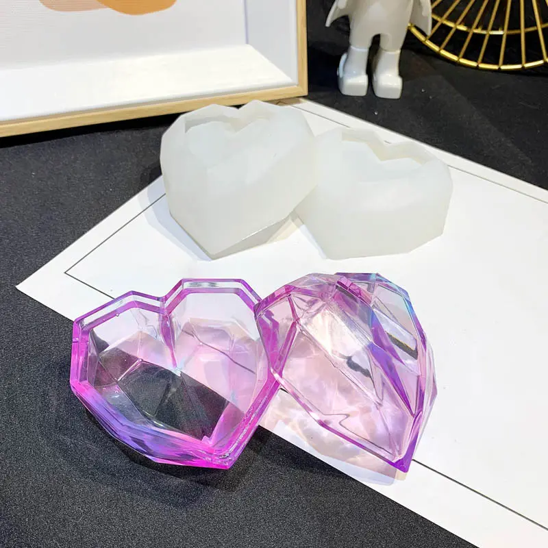 2pcs/set Heart Design Box Resin Mold Jewelry Plaster Concrete Pot Silicone Mold with Lid DIY Diamond Cement Container Molds
