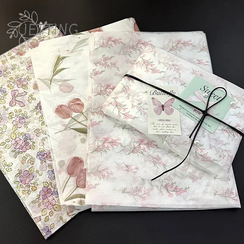 Elegant Tulip Patterned Tissue Paper Floral Design With Green Leaves For Gift Filling And Decorating Wrapping Wine Bottle Box