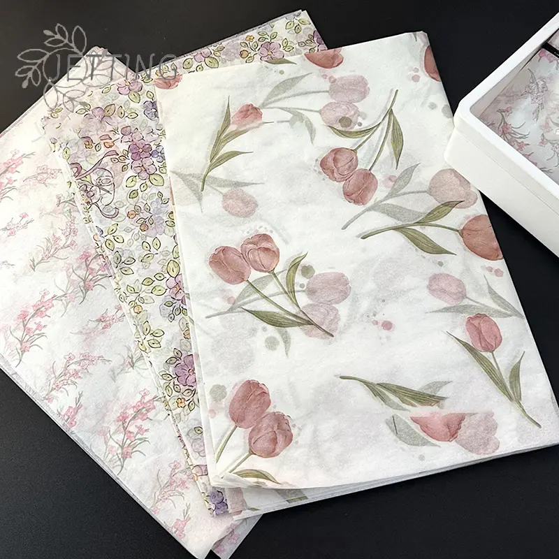 Elegant Tulip Patterned Tissue Paper Floral Design With Green Leaves For Gift Filling And Decorating Wrapping Wine Bottle Box
