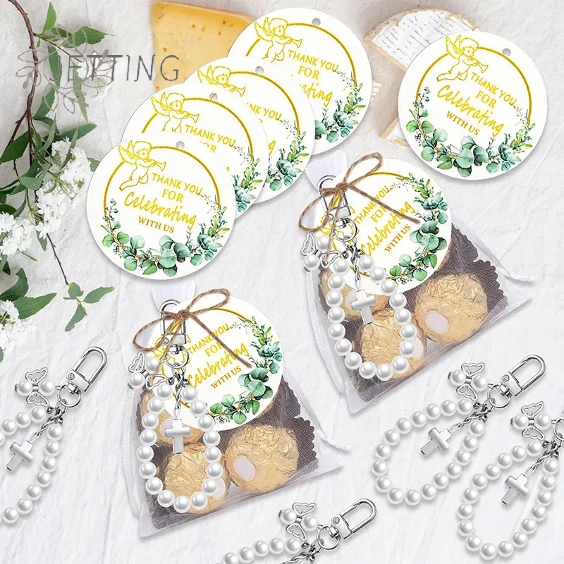10Sets Angel Keychains Favor, Pearl Angel Keychain Gifts Bulk Guardian Angel Pendant Keychain With Thank You Tags Organza Bag