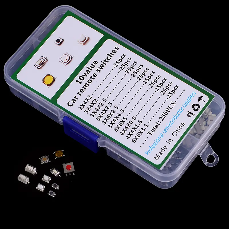 250Pcs 10 Types Durable Car Remote Control Tablet Actile Push Button Switch Car Keys Button Touch Microswitch with Box