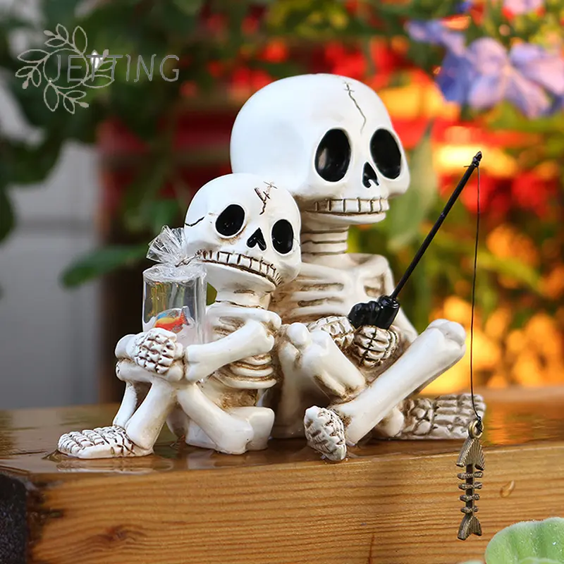 Fishing Skeleton Statue Halloween Decorations, 3.03 Inch Funny Sitting Skull Figurine Shelf Sitter Resin Sculpture For Outdoor