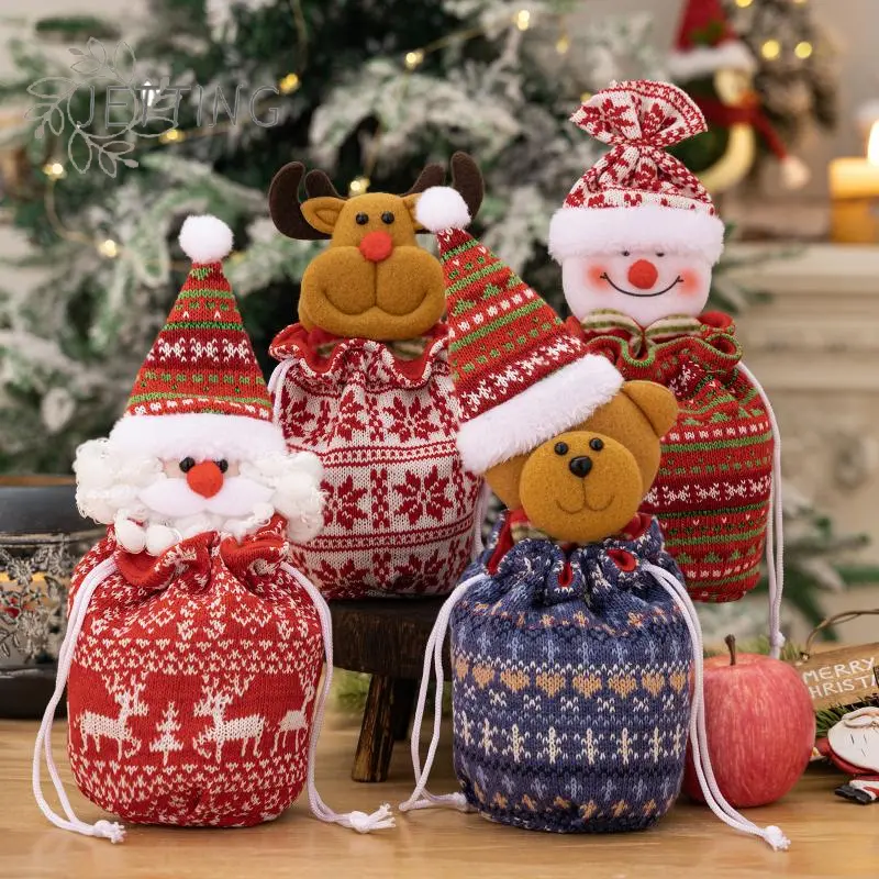 Christmas Knitted Gift Bags Set With Apple Doll Elk Santa Bear Design For Candy Storage Xmas Party Favors New Year Gifts Holiday