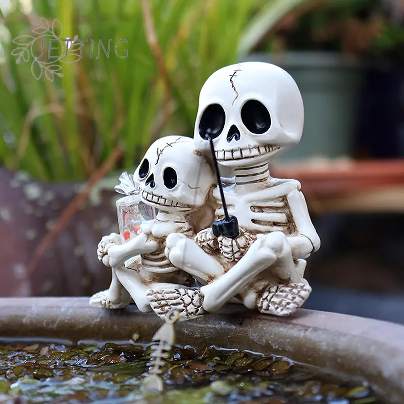 Fishing Skeleton Statue Halloween Decorations, 3.03 Inch Funny Sitting Skull Figurine Shelf Sitter Resin Sculpture For Outdoor