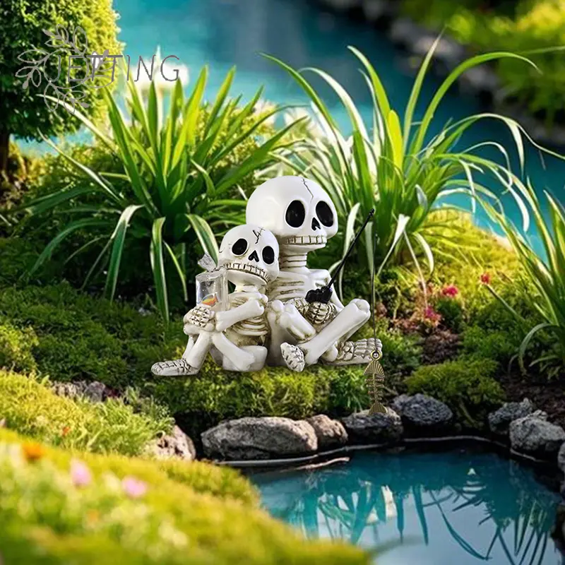Fishing Skeleton Statue Halloween Decorations, 3.03 Inch Funny Sitting Skull Figurine Shelf Sitter Resin Sculpture For Outdoor