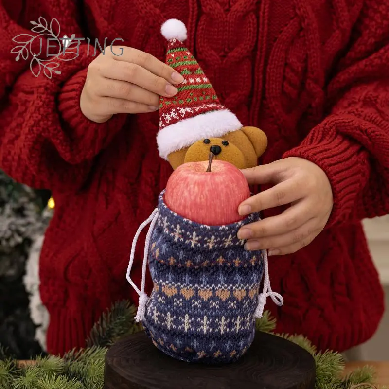 Christmas Knitted Gift Bags Set With Apple Doll Elk Santa Bear Design For Candy Storage Xmas Party Favors New Year Gifts Holiday