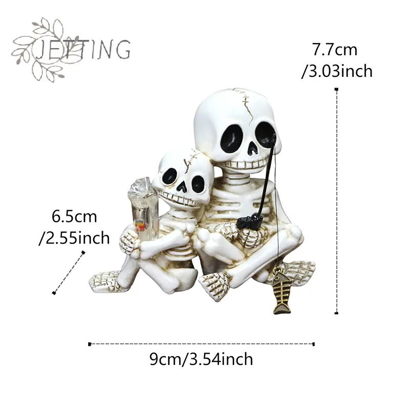 Fishing Skeleton Statue Halloween Decorations, 3.03 Inch Funny Sitting Skull Figurine Shelf Sitter Resin Sculpture For Outdoor