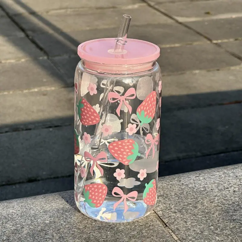 Bow Glass Cute Water Cup Cartoon Bow Glass Cup Striped Cute Doodle Coffee Mug Household Fruit Tea Lemonade Girls Gift