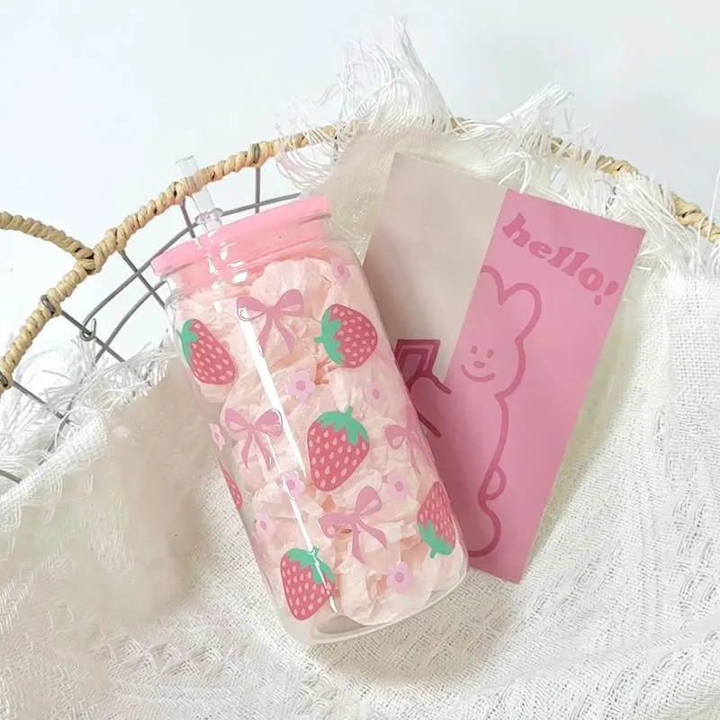 Bow Glass Cute Water Cup Cartoon Bow Glass Cup Striped Cute Doodle Coffee Mug Household Fruit Tea Lemonade Girls Gift