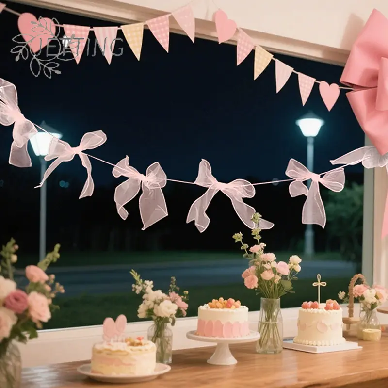 Pink Bowknot Banner Hanging Pendant Garlands For Girls Princess Birthday Party Decor Baby Shower Wedding Party Photo Background