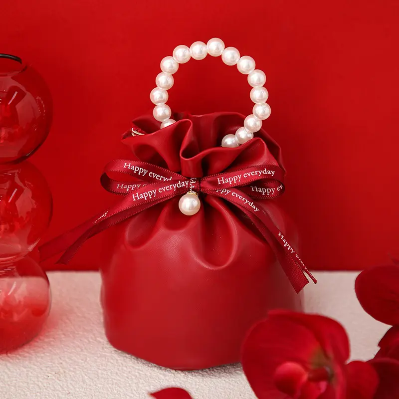 Leather Gift Box Handbag Shape Ribbon Bow With Hand Candy Bag Packaging Box Wedding Favors Gift Box Shower Party Supply