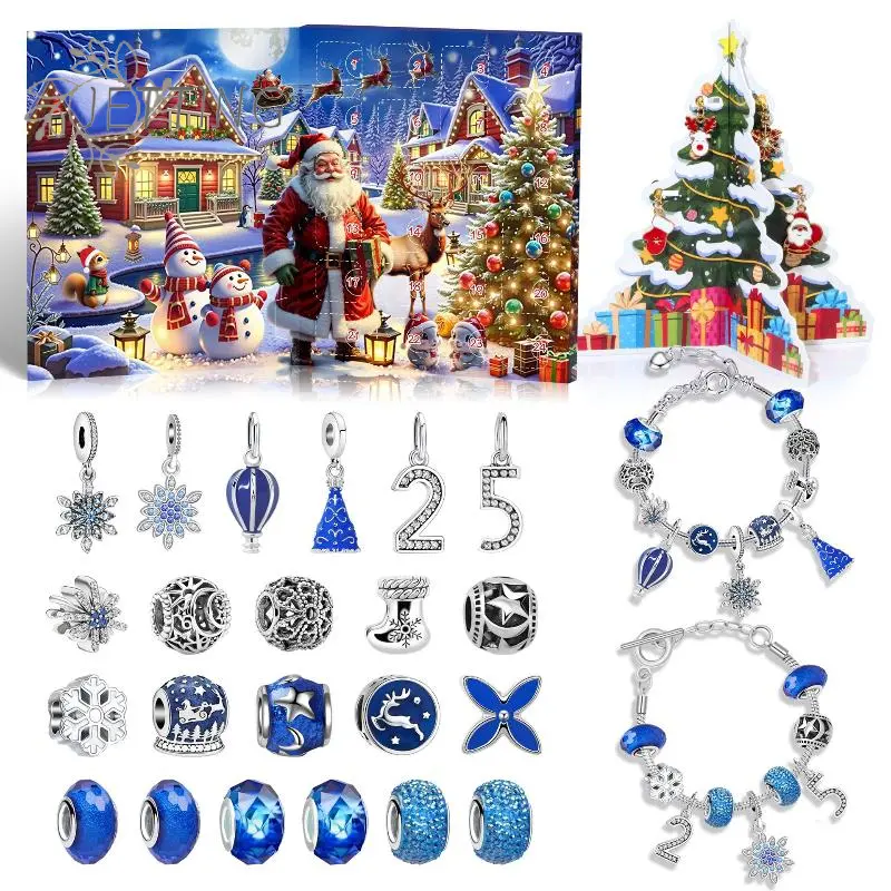 Christmas Advent Calendar With 24 Grids Blue Countdown Box DIY Bracelet Making Kit Holiday Surprise Blind Gifts For Kids Party D
