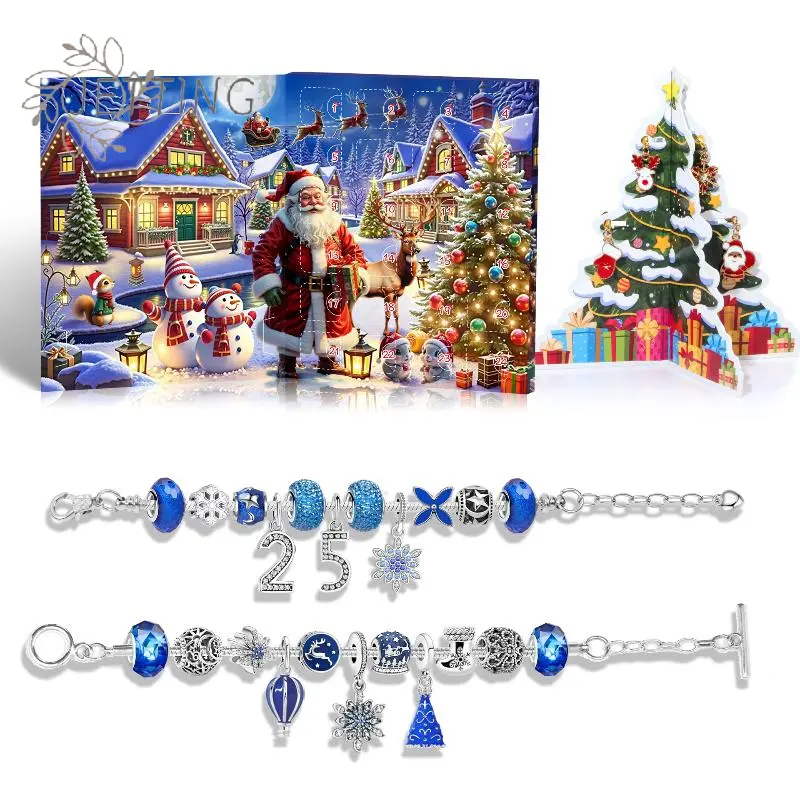 Christmas Advent Calendar With 24 Grids Blue Countdown Box DIY Bracelet Making Kit Holiday Surprise Blind Gifts For Kids Party D