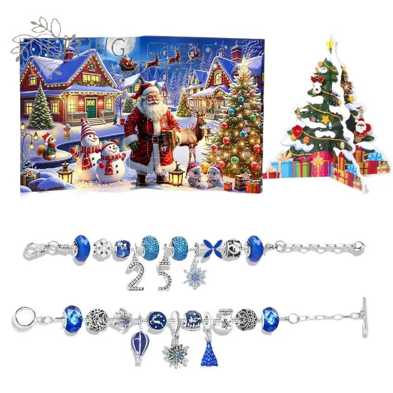 Christmas Advent Calendar With 24 Grids Blue Countdown Box DIY Bracelet Making Kit Holiday Surprise Blind Gifts For Kids Party D