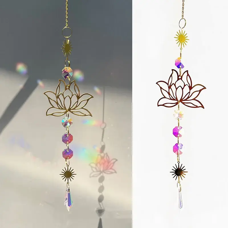 1Pc Crystal Suncatcher Gardening Crafts Golden Lotus AB Colorful Water Drop Pendant Decoration Pendant For Home Wedding Garden