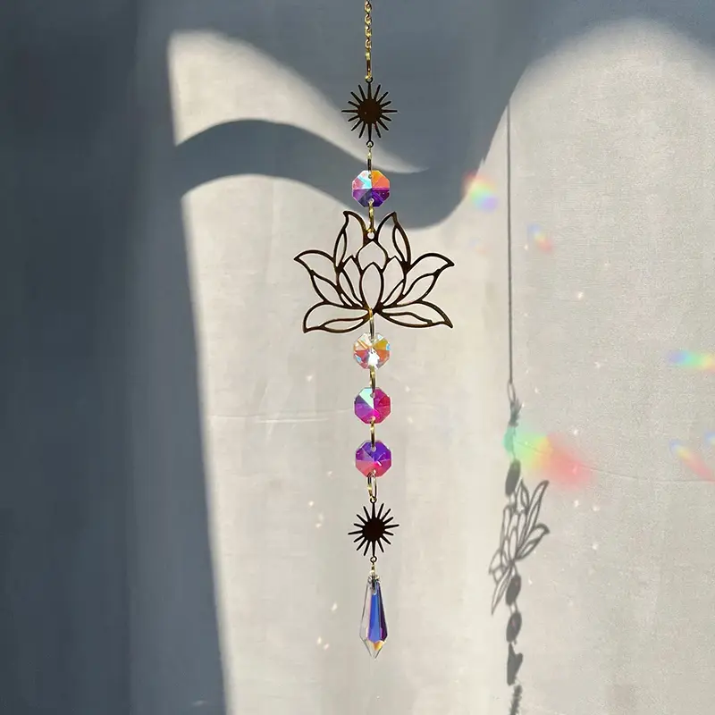 1Pc Crystal Suncatcher Gardening Crafts Golden Lotus AB Colorful Water Drop Pendant Decoration Pendant For Home Wedding Garden