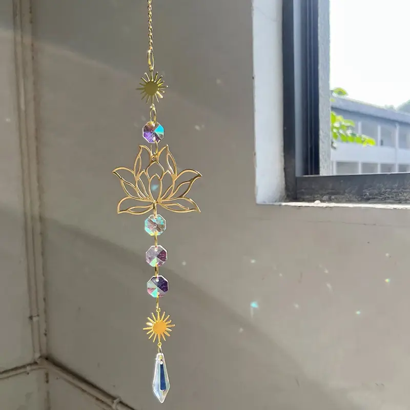 1Pc Crystal Suncatcher Gardening Crafts Golden Lotus AB Colorful Water Drop Pendant Decoration Pendant For Home Wedding Garden