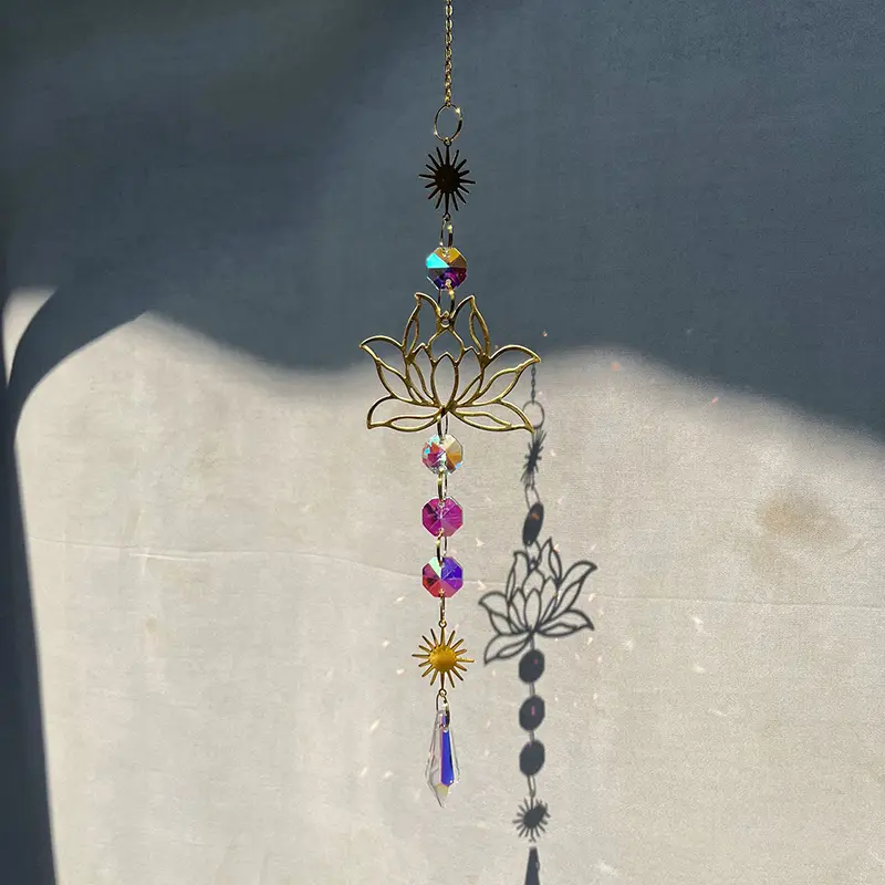 1Pc Crystal Suncatcher Gardening Crafts Golden Lotus AB Colorful Water Drop Pendant Decoration Pendant For Home Wedding Garden