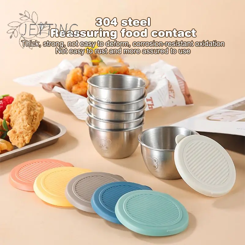 304 Stainless Steel Sauce Seasoning Container 50ml Sauce Cup Silicone Cover Leak-proof Salad Dipping Dish Small Storage Box