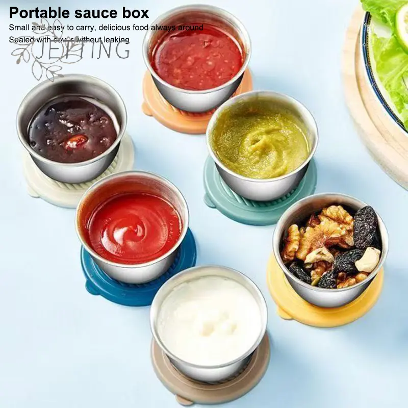 304 Stainless Steel Sauce Seasoning Container 50ml Sauce Cup Silicone Cover Leak-proof Salad Dipping Dish Small Storage Box