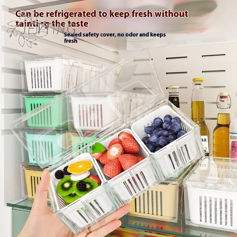 3Grids Refrigerator Storage Boxes Garlic Onion Pepper Organizer Fruit Vegetable Drain Crisper Box Kitchen Sealed Containers
