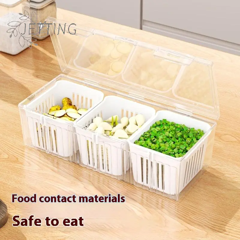 3Grids Refrigerator Storage Boxes Garlic Onion Pepper Organizer Fruit Vegetable Drain Crisper Box Kitchen Sealed Containers