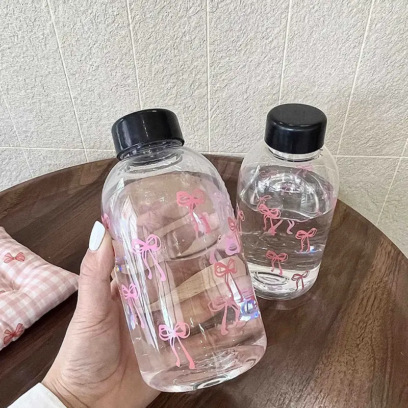 600ml Water Bottle Aesthetic Tumbler For Ice Coffee Juice Tea Cute Bowknot Plastic Cups With Straw Lid Portable Drinking Bottle