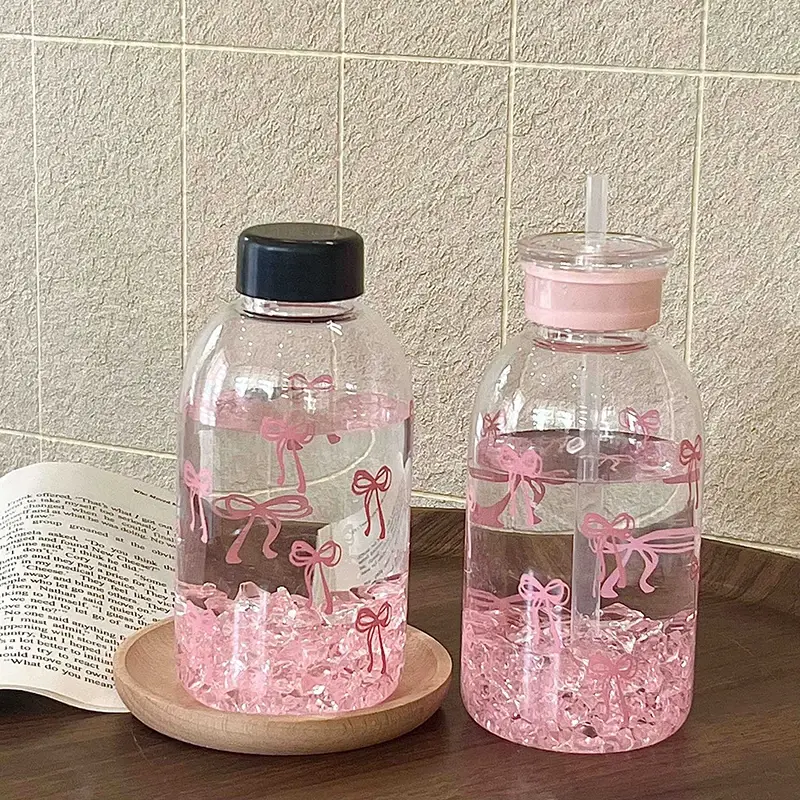 600ml Water Bottle Aesthetic Tumbler For Ice Coffee Juice Tea Cute Bowknot Plastic Cups With Straw Lid Portable Drinking Bottle