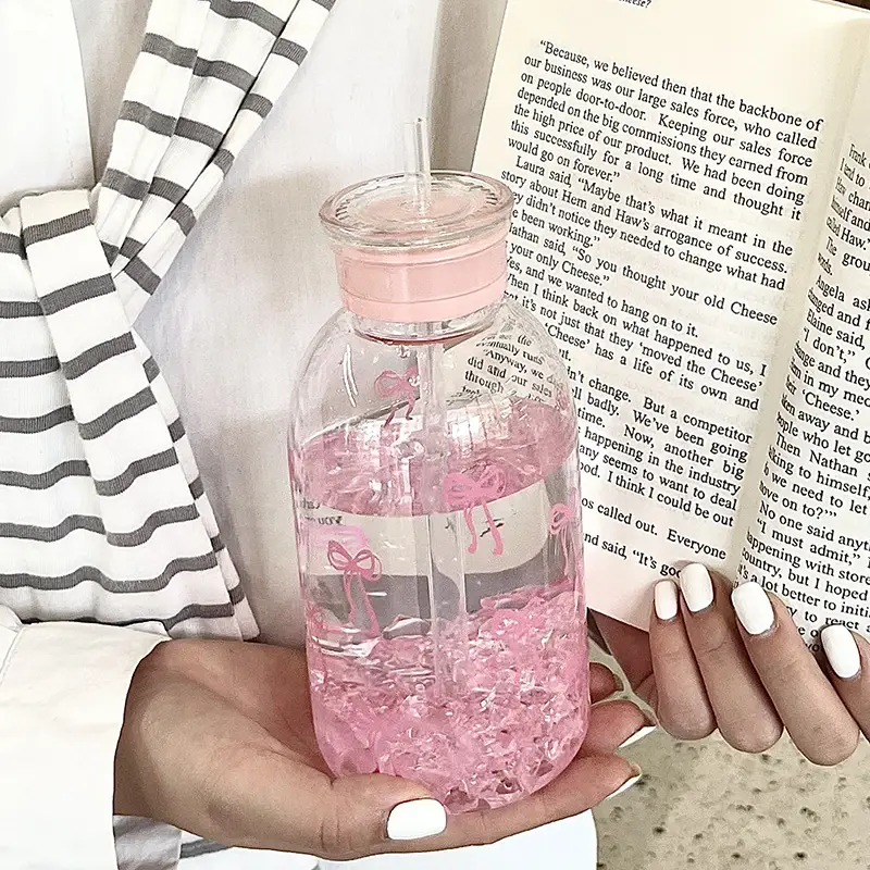 600ml Water Bottle Aesthetic Tumbler For Ice Coffee Juice Tea Cute Bowknot Plastic Cups With Straw Lid Portable Drinking Bottle