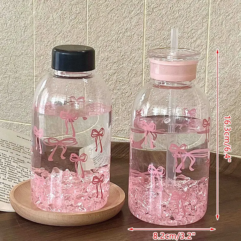 600ml Water Bottle Aesthetic Tumbler For Ice Coffee Juice Tea Cute Bowknot Plastic Cups With Straw Lid Portable Drinking Bottle