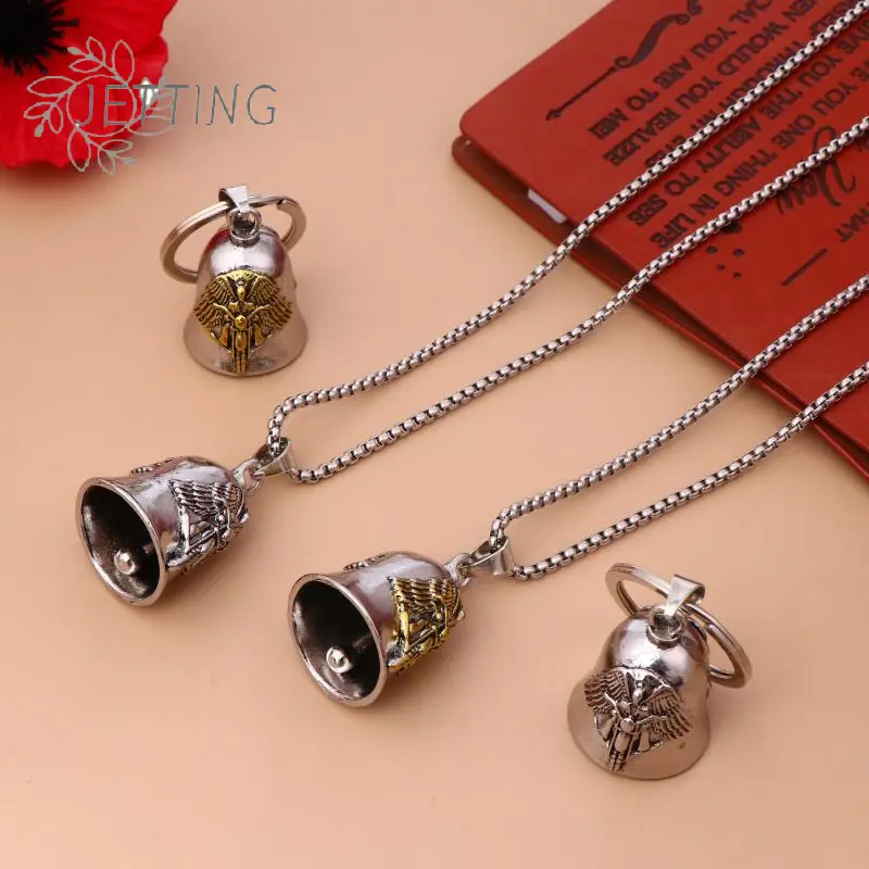 Angel Wings Motorcycle Bell Pendant Necklace Keychain Punk Rock Men's Riding Party Amulet Exorcism Jewelry Gift