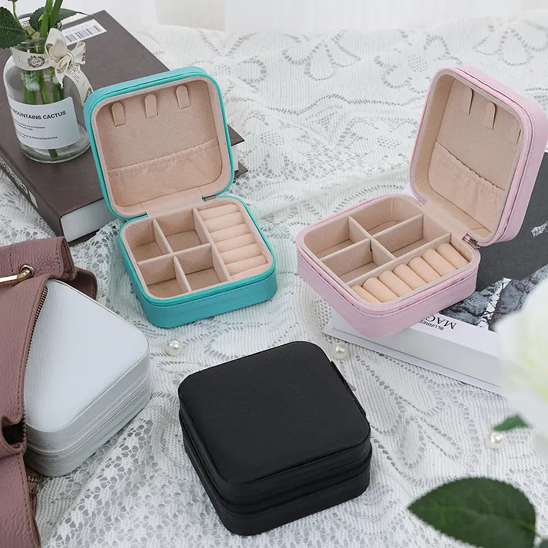 PU leather Velvet Jewelry Box For Women Necklace Ring Earring Organizer Holder Travel Portable Zipper Jewelry Storage Case