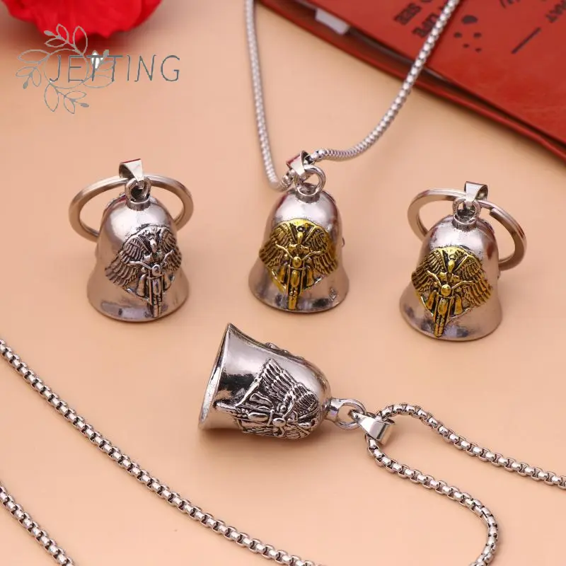 Angel Wings Motorcycle Bell Pendant Necklace Keychain Punk Rock Men's Riding Party Amulet Exorcism Jewelry Gift