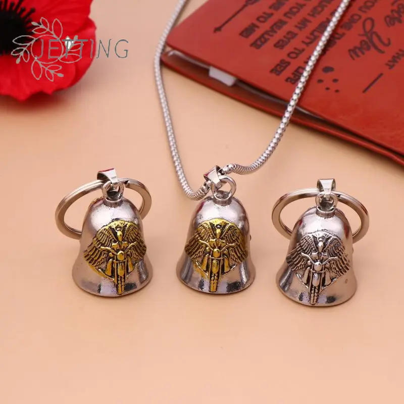 Angel Wings Motorcycle Bell Pendant Necklace Keychain Punk Rock Men's Riding Party Amulet Exorcism Jewelry Gift