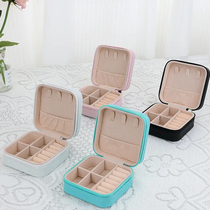 PU leather Velvet Jewelry Box For Women Necklace Ring Earring Organizer Holder Travel Portable Zipper Jewelry Storage Case