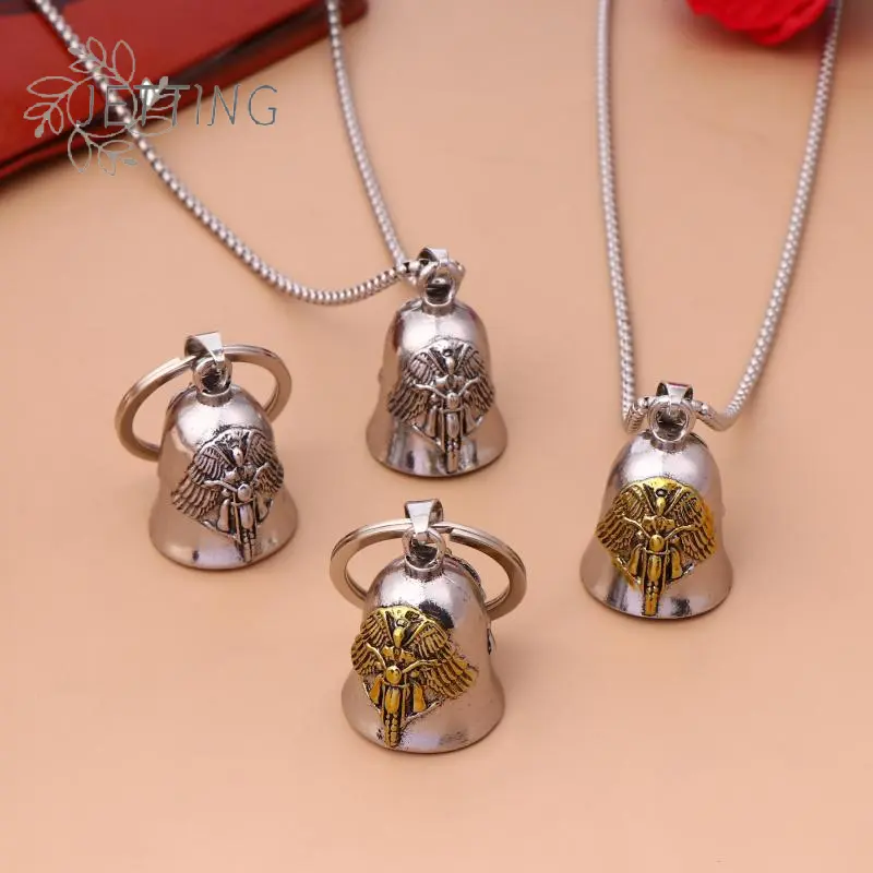 Angel Wings Motorcycle Bell Pendant Necklace Keychain Punk Rock Men's Riding Party Amulet Exorcism Jewelry Gift
